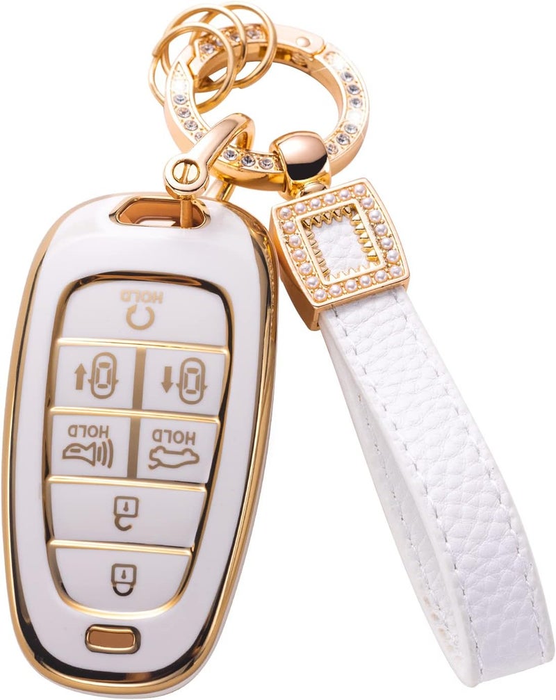 CACARLIKE for Hyundai Key Fob Cover with Leather Lanyard, Car Key Fob Case Compatible with 2023 2022 2021 2020 Hyundai Sonata Santa fe Tucson Smart Key Protector Holder - Image 1